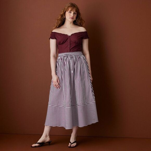 Rosie Assoulin Pants - Women's Drawstring Poplin Striped Full Midi Skirt - Rosie Assoulin Burgundy S